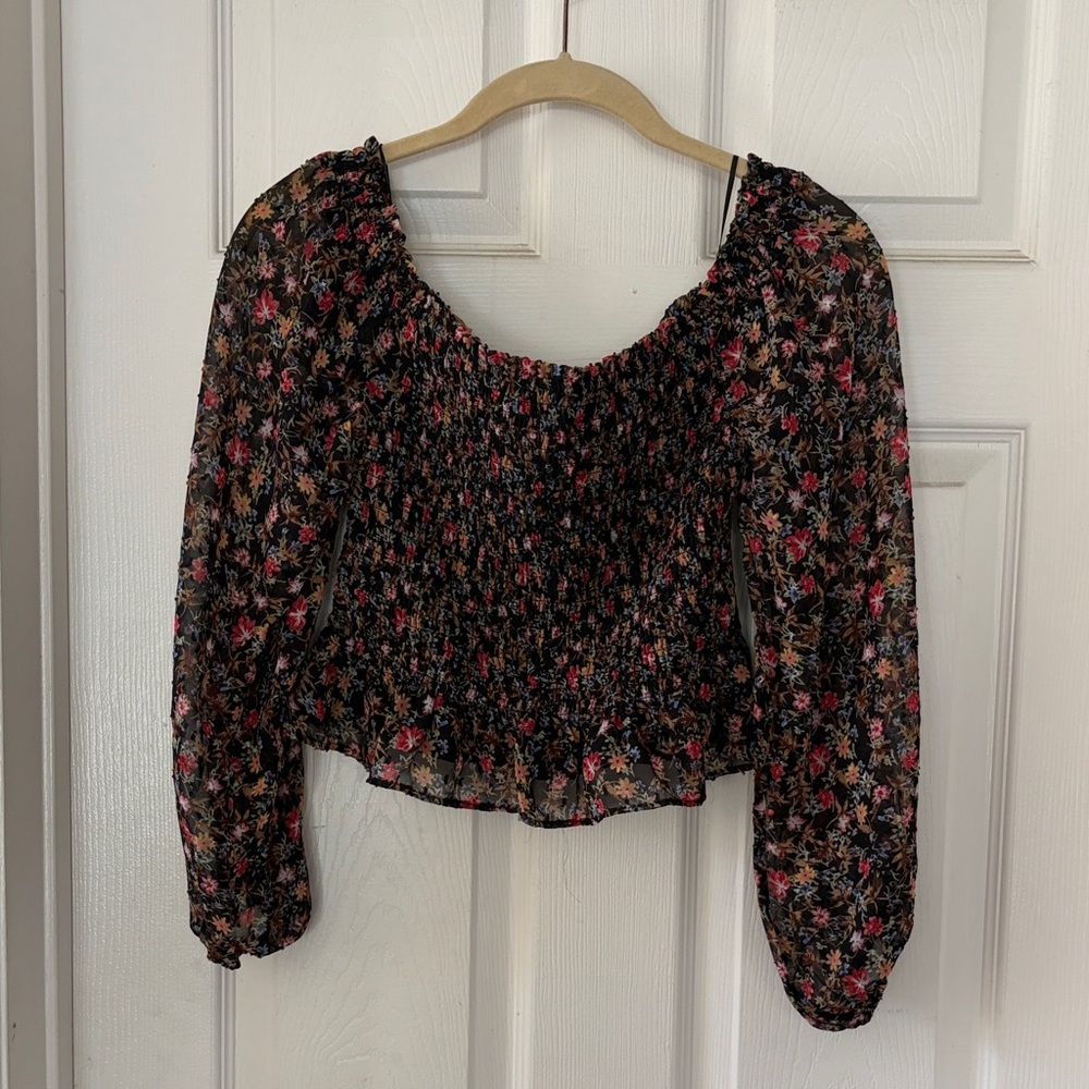 Lush Black Floral Smocked Long-Sleeve Crop Top